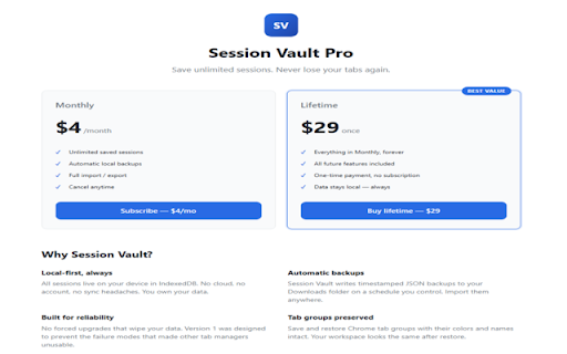 Session Vault — Tab Session Manager :: Reliable tab session manager. Save, restore, search, and back up your browser windows locally. Your data stays on your device.