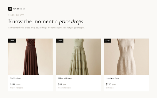 CartNest :: Every cart, kept warm in one place. A floating button lets you nest any item in one tap while you shop.
