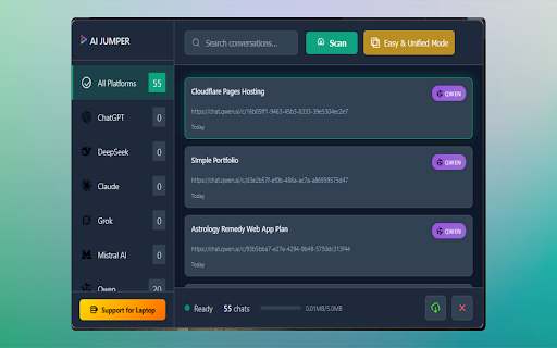 AI JUMPER :: Archive, search, and organize your conversation histories from popular AI chat platforms locally.