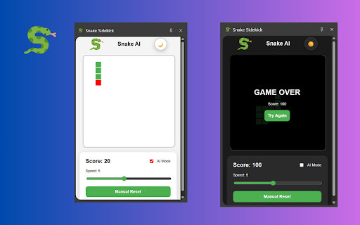 Snake Sidekick AI: Side Panel Mini-Game :: A smart, AI-powered Snake game built for your Chrome Side Panel. Toggle AI mode to watch it learn or play manually during breaks.