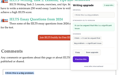 IELTS Vocabulary Lens — Writing Upgrade Tool :: Check IELTS word bands, upgrade weak sentences, and save vocabulary while browsing. Free, offline, no signup.