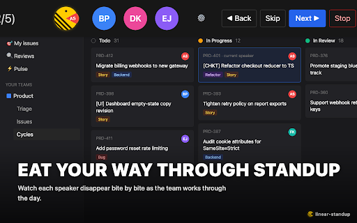 Linear Standup :: Daily standups for Linear: random speaker, auto-filter tasks, Pac-Man eats avatars as they speak. Hidden fun mode.