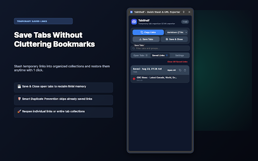 TabShelf - Quick Stash & URL Exporter :: Stash tabs temporarily, organize tab groups in a sleek side panel, and copy all URLs with 1-click for meeting chats and notes.