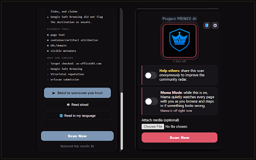 Project PRINCE Scanner + Lingua :: Checks scams and manipulation, translates what you don't understand, and reads any page aloud. Protection for everyone.