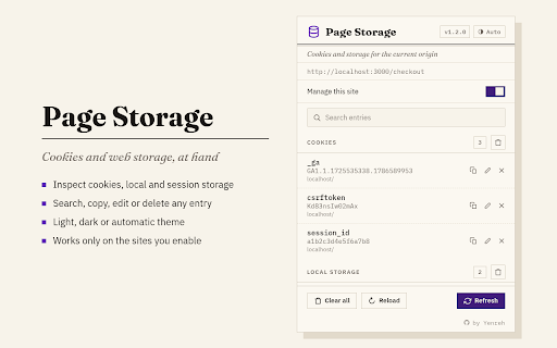 Page Storage :: Clears cookies, local storage and session storage on the sites you enable