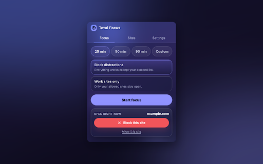 Total Focus :: Blocks distracting sites for a set time. A password keeps you from quitting on impulse.