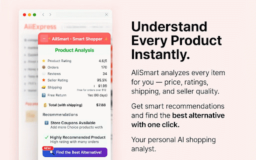AliSmart – AliExpress AI Shopping Assistant & Coupon Finder :: AliExpress AI Shopping Assistant: Coupons, product analysis, recommendations, better dupes & equivalents on Temu/Amazon/Shein/eBay.
