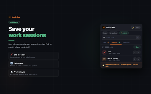 Nexily Tab :: Gestionnaire d'onglets intelligent — regroupement auto, suspension RAM, sessions et sync. Arrêtez de perdre vos onglets.