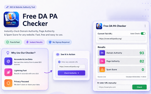 Free DA PA Checker :: See Domain Authority, Page Authority, and spam score for the website in your current tab—in one click.