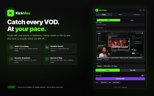 Kick Max :: Kick.com stream toolkit — watch live streams, browse VODs, and manage favorites from the sidebar