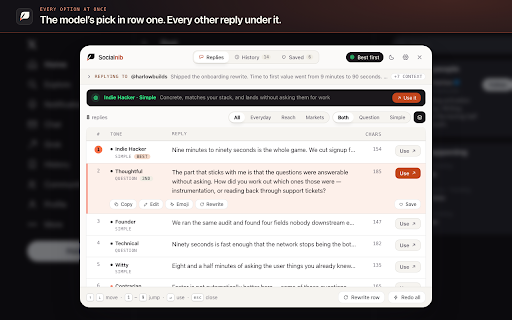 Socialnib — AI Reply Assistant for X / Twitter :: AI reply assistant for X (Twitter). Thread-aware, human-sounding replies in 20 tones, dropped straight into your reply box.