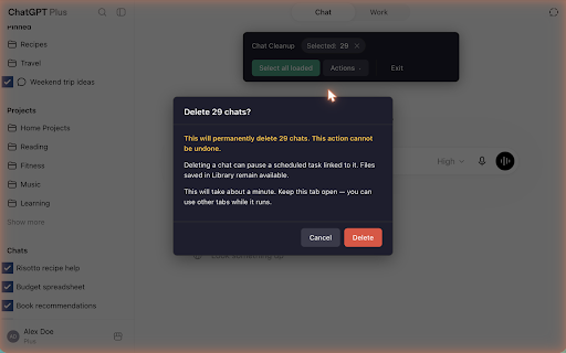 ChatSweep for ChatGPT :: Bulk delete, archive, and manage ChatGPT chats and projects — with pause, stop, and safety confirmations.