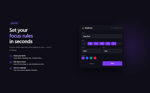 Notification Mute & Focus Hours — Quiethours :: Block focus time on Google Calendar. Protect deep work from meetings. | Not affiliated with Anthropic, PBC.