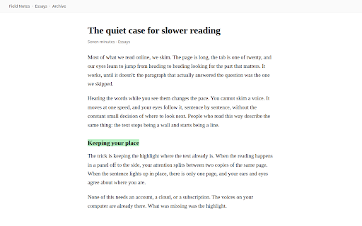 Highlight Reader — Read Aloud, Highlight on the Page :: Reads any web page aloud and highlights each sentence on the page as it goes. Free voices, no account, nothing leaves your browser.