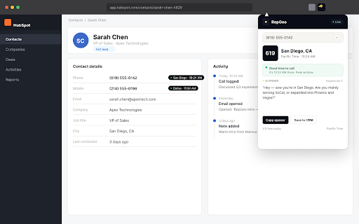 RepGeo :: AI sales agent for contact context, timing, confidence, and rep-approved outreach prompts across sales tools.