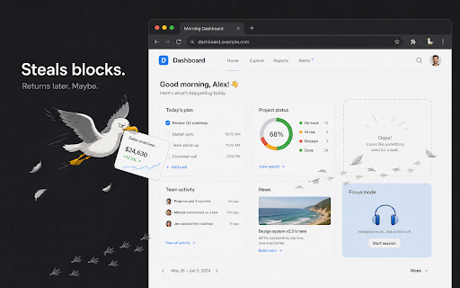 Seagull Prank: Browser Mischief :: Prank seagull with break mode using ordinary steal pipeline, two gulls, stable banner, and configurable fake cursor duration.