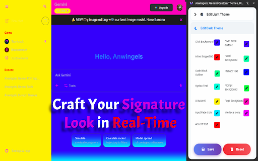 Anwingels: Gemini Custom Themes, UI Styles & PDF Export :: Anwingels: Gemini Custom Theme Creator. Real-time editor for Dark Mode, skins, backgrounds, UI tweaks, and one-click PDF downloads.