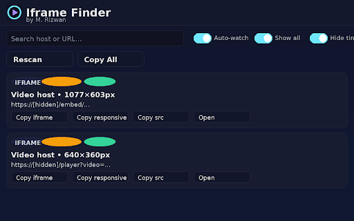 Video Iframe Finder :: Finds video iframes on the current page and lets you copy beautiful embed code with one click.