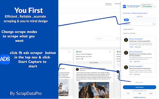 FB Ads Scraper - Facebook Ads Scraper :: Extract and export Facebook ads instantly to CSV, JSON, or XLSX for analysis and growth. facebook ads scraper