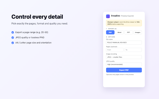 SnapDoc: Preview Exporter :: Save Google Drive document previews as PDF, Word, PowerPoint, images or ZIP — with page ranges, quality and layout options.