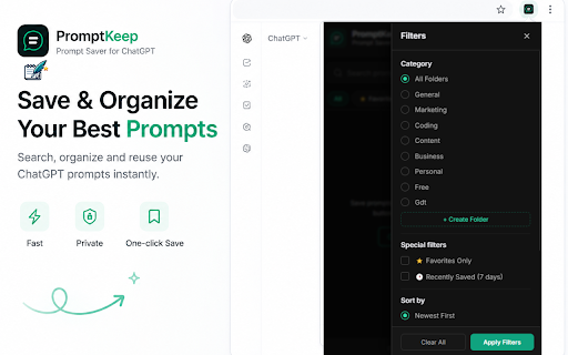 PromptKeep - ChatGPT Prompt Saver :: Save, organize, search, and reuse ChatGPT prompts effortlessly.