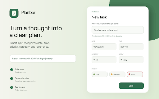 Planbar – Todo Planer :: Plane Aufgaben tage-, wochen- und monatsweise in einem modernen Chrome Side Panel.