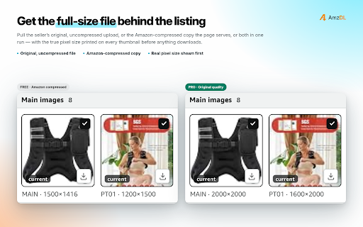 Amazon Product Image & Video Downloader, Review Exporter - AmzDL :: Bulk download images and videos from Amazon product pages: gallery, variations, A+. Save buyer photos, export reviews to CSV/Excel.