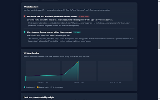 DraftTrack — See How a Doc Was Written :: See how a Google Doc was written: writing timeline, flagged pastes, and typed-vs-pasted view. By Classroom Ready AI.