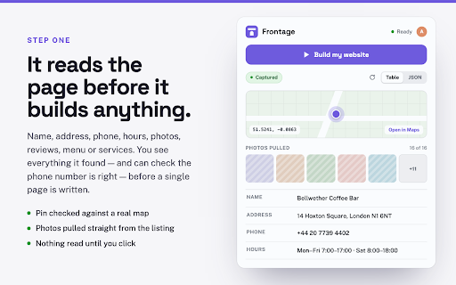 Frontage — your website in one click :: Turn any business page into a finished, live website in a single click.