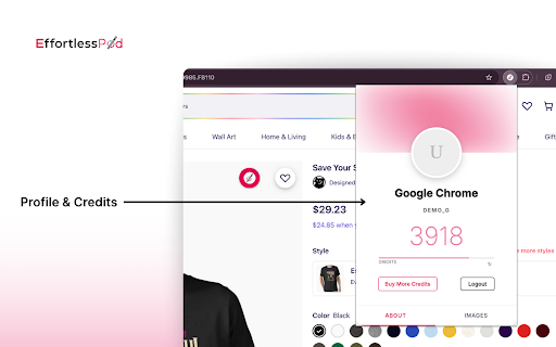 Effortless Pod ReImagine :: Effortless Pod ReImagine detects designs from a listing on supported platforms, then generates new, unique artwork inspired by it.