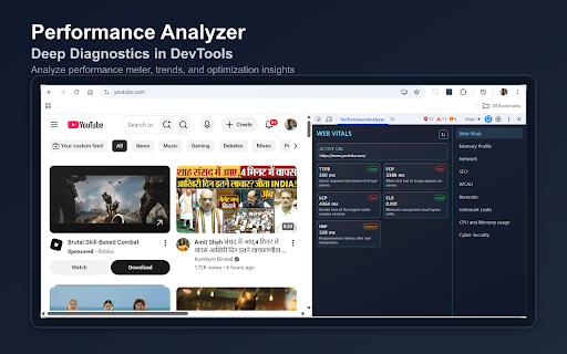 performanceAnalyzer :: Analyze web performance, SEO, accessibility (WCAG), security, React diagnostics, network activity, and CPU/memory usage in real-time