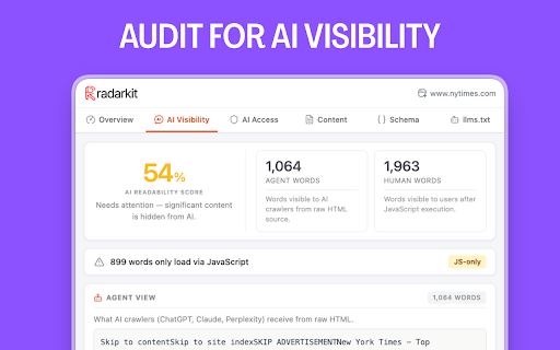 AI SEO Extension by RadarKit :: The ultimate AI SEO & visibility checker. Get instant insights into how AI bots see your site. Built by SEOs for daily analysis.