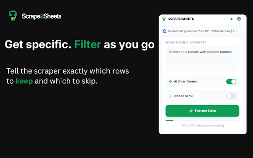 Scrape2Sheets :: AI-powered web scraping that exports structured data directly to Google Sheets. Extract any data with natural language.