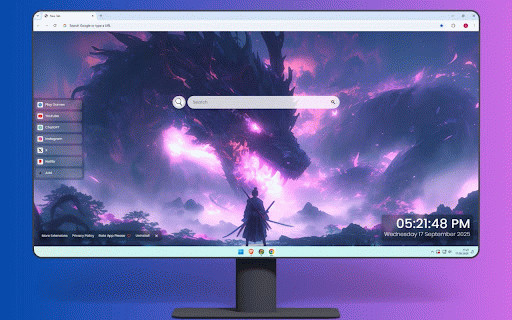 Fantasy Samurai vs Purple Fire Dragon Live Wallpaper :: Lone samurai facing massive purple fire dragon in mystical twilight landscape.