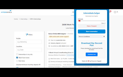 Internshala Auto Applier helper :: helps user in Automates applying for internships on Internshala.