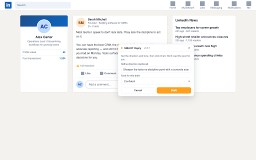 SMART Reply for LinkedIn :: Draft LinkedIn posts and comments grounded in your SMART Reply tone profile, without leaving LinkedIn.