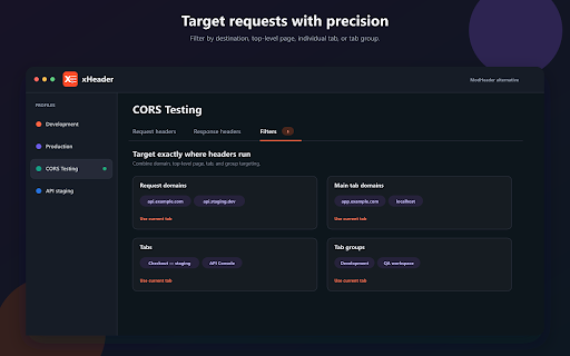 xHeader - Modify HTTP headers :: A modern ModHeader alternative for modifying request headers and response headers with profiles, filters, tab targeting, and sync.