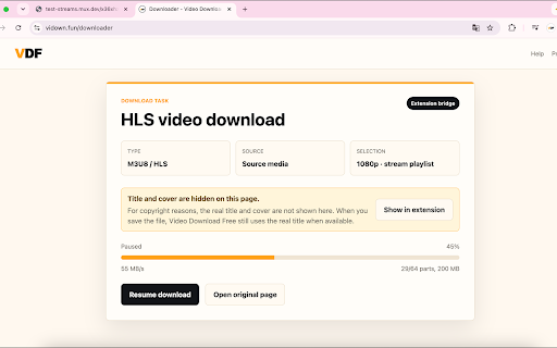 Video Downloader - Free & Reliable :: Detect user-selected HLS/M3U8, MP4, and WebM media in the active tab and save it through a browser-based task page.