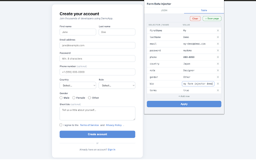 Form Data Injector :: Inject test data into web forms via JSON. For developers and QA engineers.