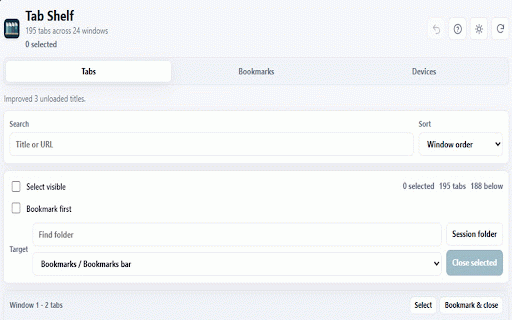 Tab Shelf :: A side-panel shelf for open Chrome tabs: inspect, sort, bookmark, close, and reopen recent closes.