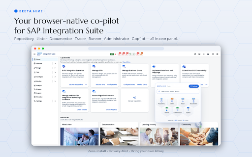 Beeta Hive for SAP BTP Integration Suite :: Browser-native assistant for SAP BTP Integration Suite: lint, document and govern your integration flows. Privacy-first, BYOK AI.