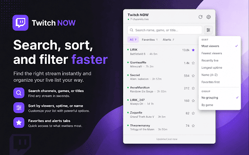 Twitch NOW :: See which channels you follow on Twitch are live right now, and get notified when they go live.