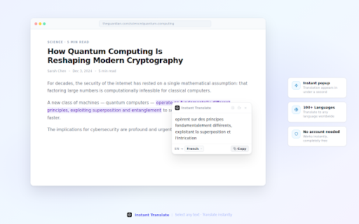 Instant Translate :: Instant Translate · Quick Translate · One Click Translate. Select any text on a webpage for an instant popup translation.