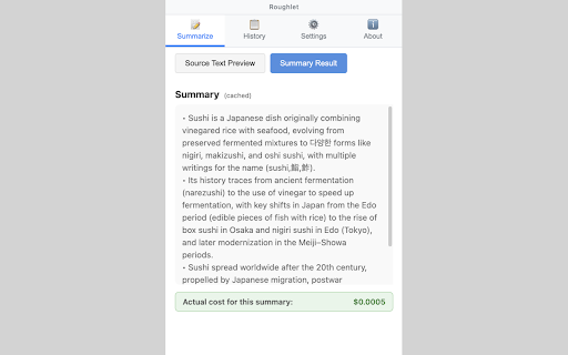 Roughlet – AI Page Summary & Translate :: Summarize & translate web pages with AI. Get instant tl;dr of articles using OpenAI. Save time reading with key insights.