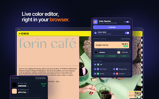 Color Spector :: Inspect colors, hex values and contrast ratios on any webpage — color-coded overlays, WCAG accessibility checks, no DevTools needed.