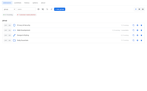 Extension Drawer: Extension Manager & Organizer :: Organize, group, enable and disable extensions, with AutoState rules, history and local backup.