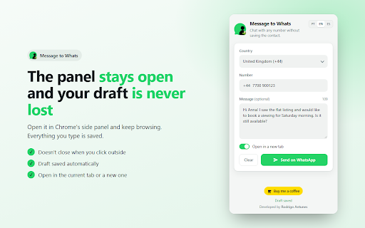 Message to Whats :: Send WhatsApp messages to any number without saving the contact.