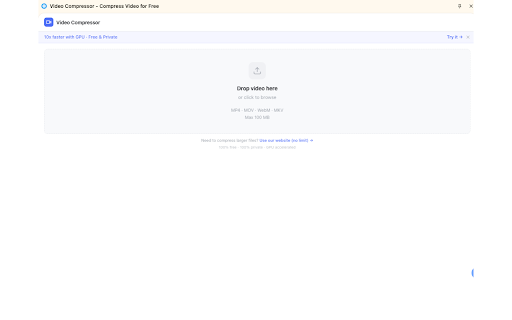 Video Compressor - Compress Video for Free :: Compress video files right in your browser sidebar. For Discord, WhatsApp, Email. Fast, free, 100% private.