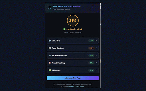 ReWiseEd AI Auto-Detector :: Auto-detect fake news, AI content, phishing & scams on every page. 100% client-side, no data collected.