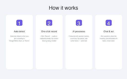 TaskFlow Meeting Recorder :: Auto-detect meetings and record with AI note-taking. Captures audio silently — no screen-sharing dialog.
